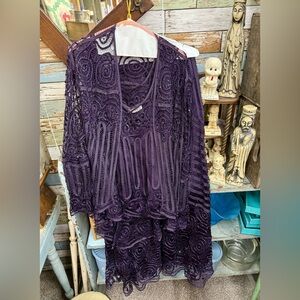 Soulmates Purple 3 pc Set Outfit 2XL Silk Lace Tank Top Cardigan Skirt Plus Size